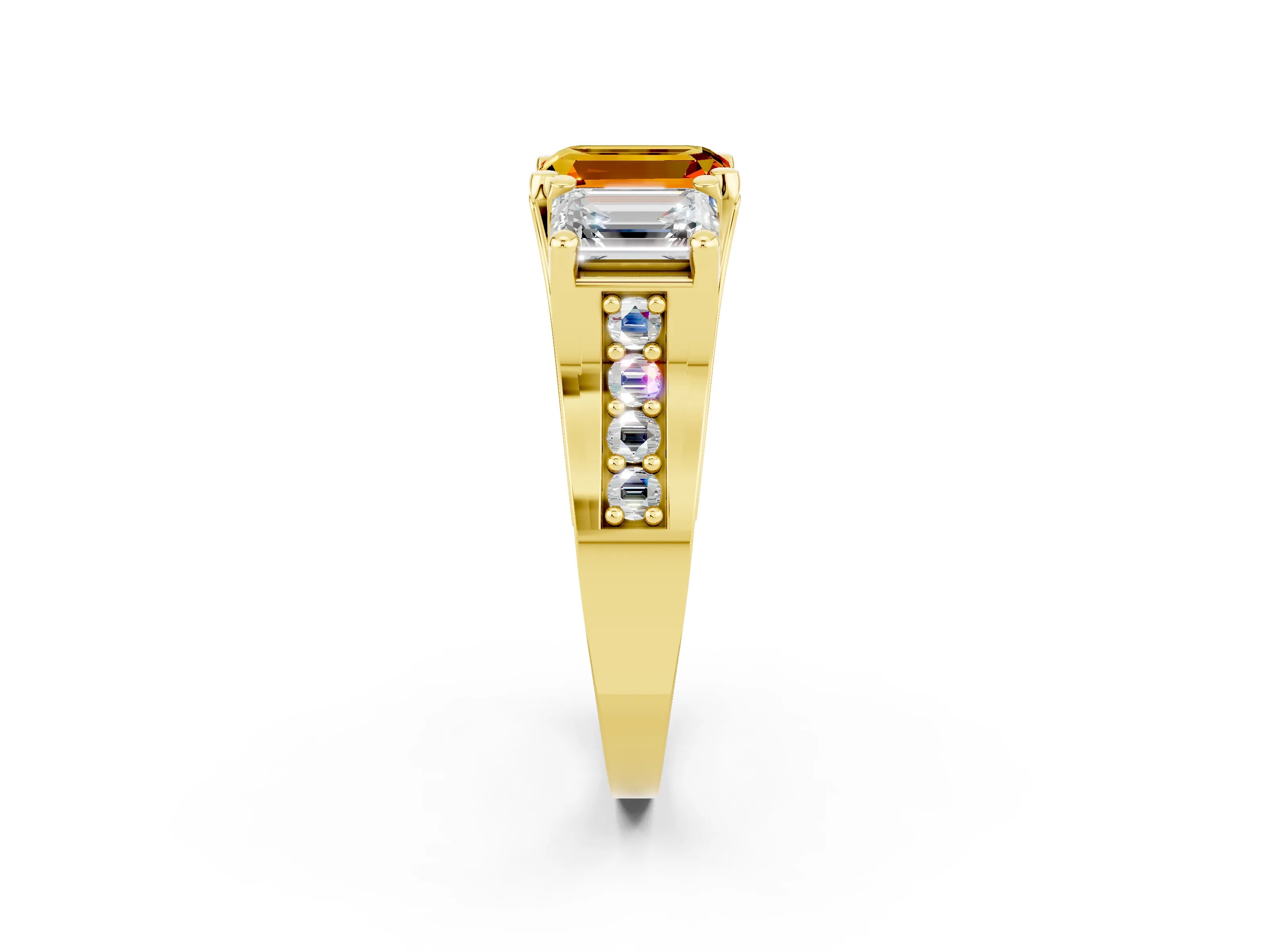 Yellow gold Emerald Cut Citrine Three-Stone Ring with Channel Set Band and Four-Prong Setting_2