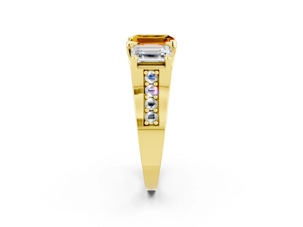 Yellow gold Emerald Cut Citrine Three-Stone Ring with Channel Set Band and Four-Prong Setting