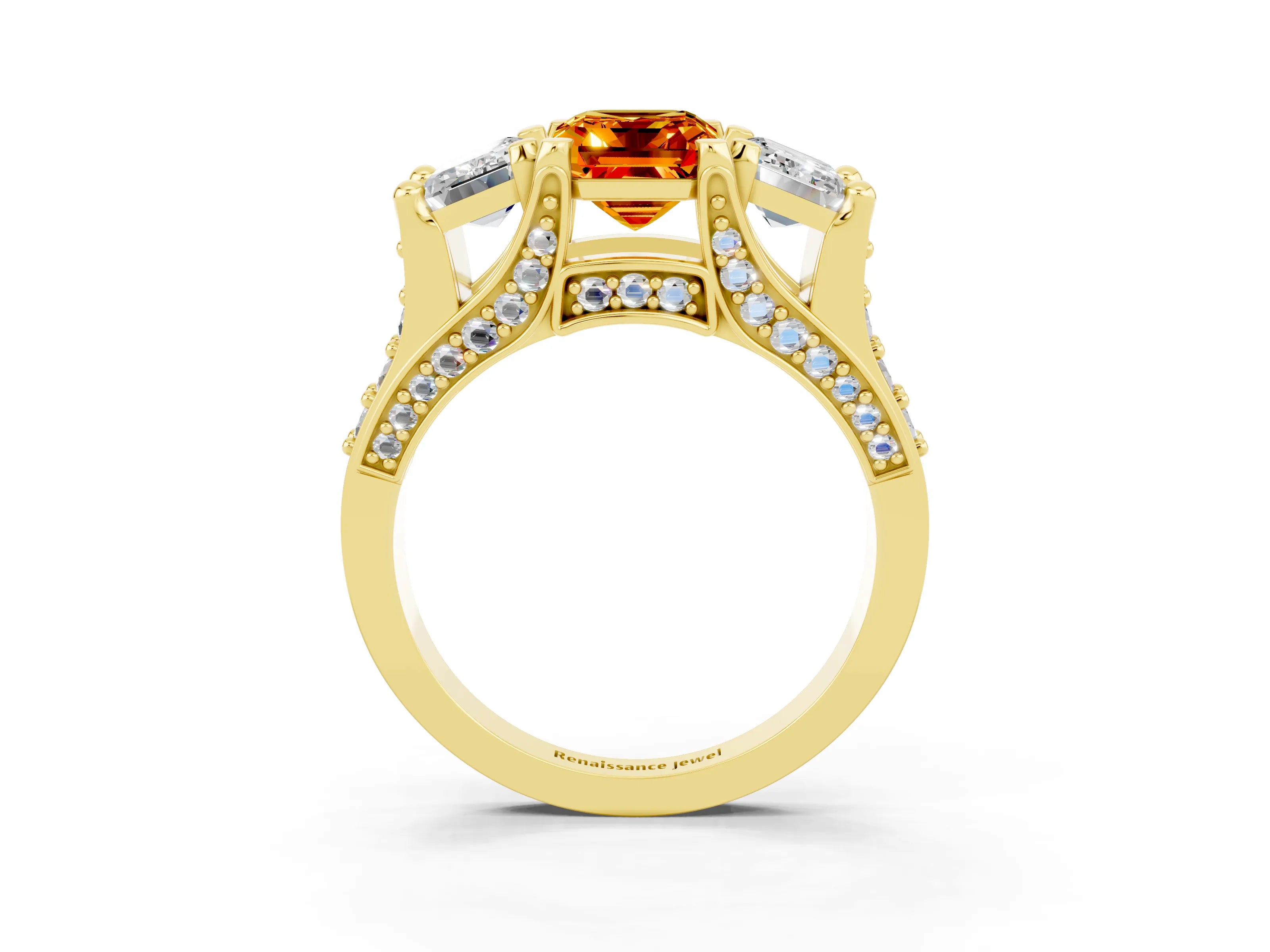 Yellow gold Emerald Cut Citrine Three-Stone Ring with Channel Set Band and Four-Prong Setting_3