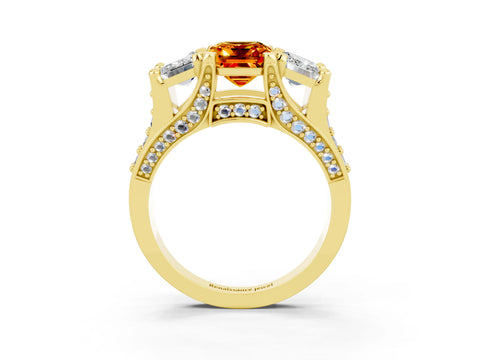 Yellow gold Emerald Cut Citrine Three-Stone Ring with Channel Set Band and Four-Prong Setting_3