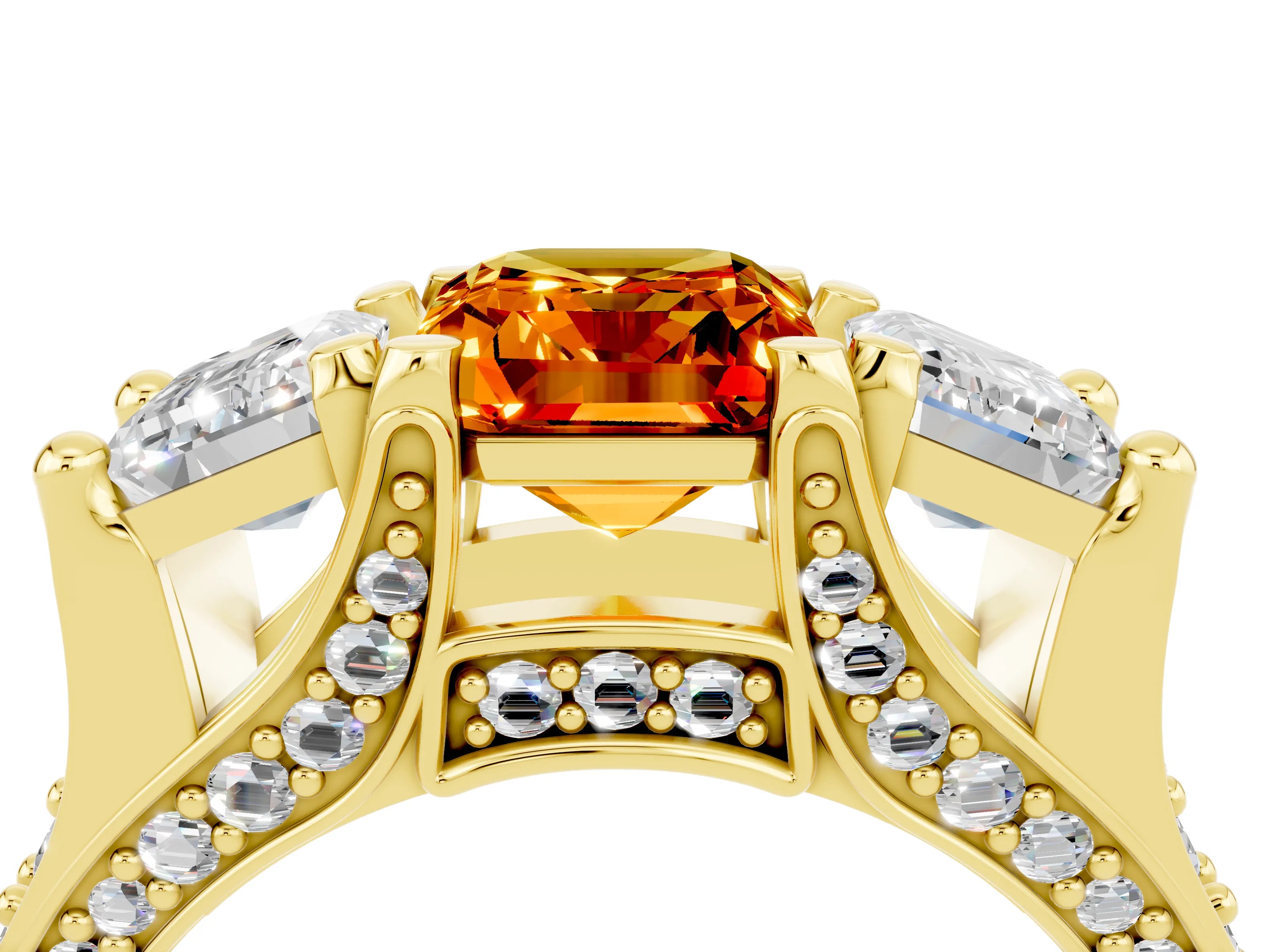 Yellow gold Emerald Cut Citrine Three-Stone Ring with Channel Set Band and Four-Prong Setting_4