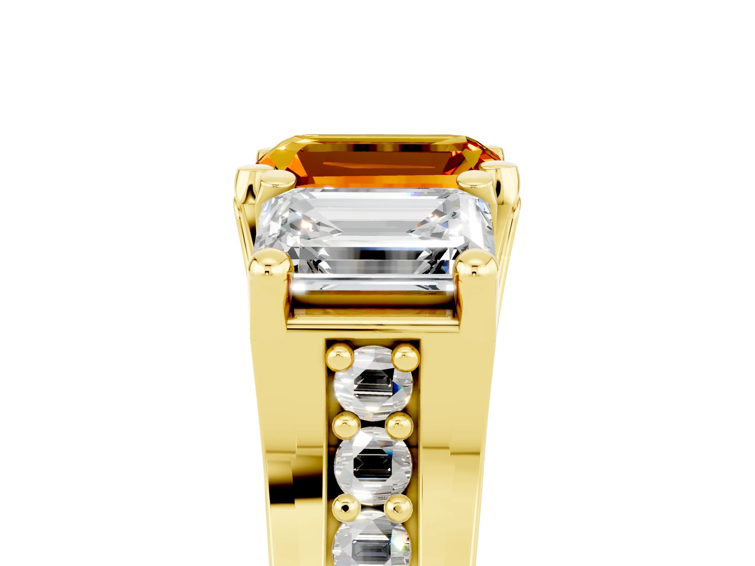 Yellow gold Emerald Cut Citrine Three-Stone Ring with Channel Set Band and Four-Prong Setting_5
