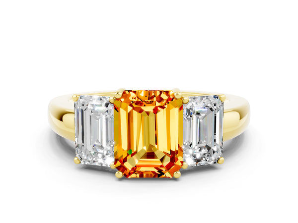 Yellow gold Emerald Cut Citrine Three-Stone Ring with Four-Prong Setting and Classic Band