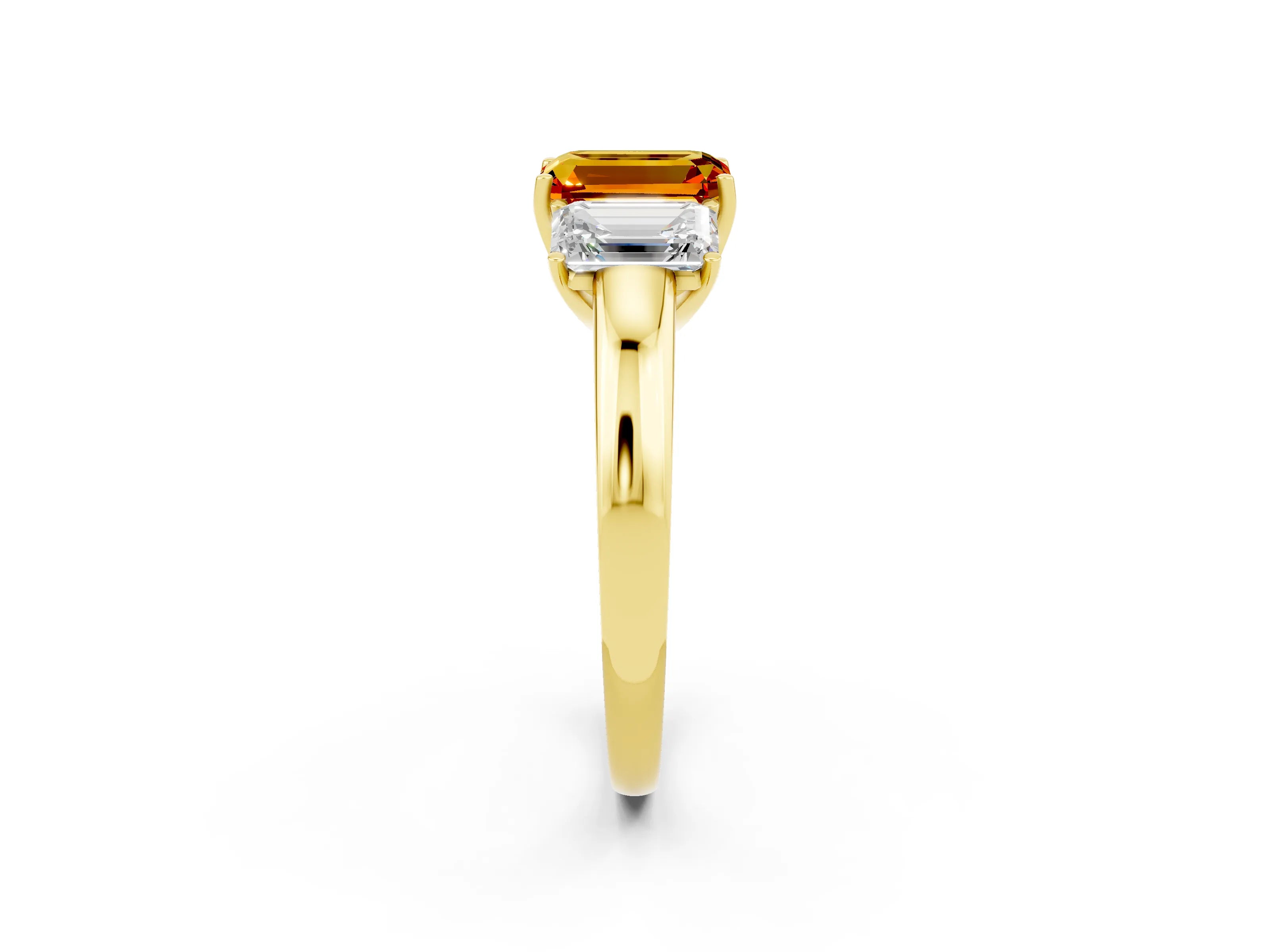 Yellow gold Emerald Cut Citrine Three-Stone Ring with Four-Prong Setting and Classic Band_2