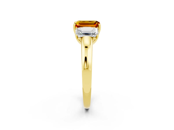 Yellow gold Emerald Cut Citrine Three-Stone Ring with Four-Prong Setting and Classic Band