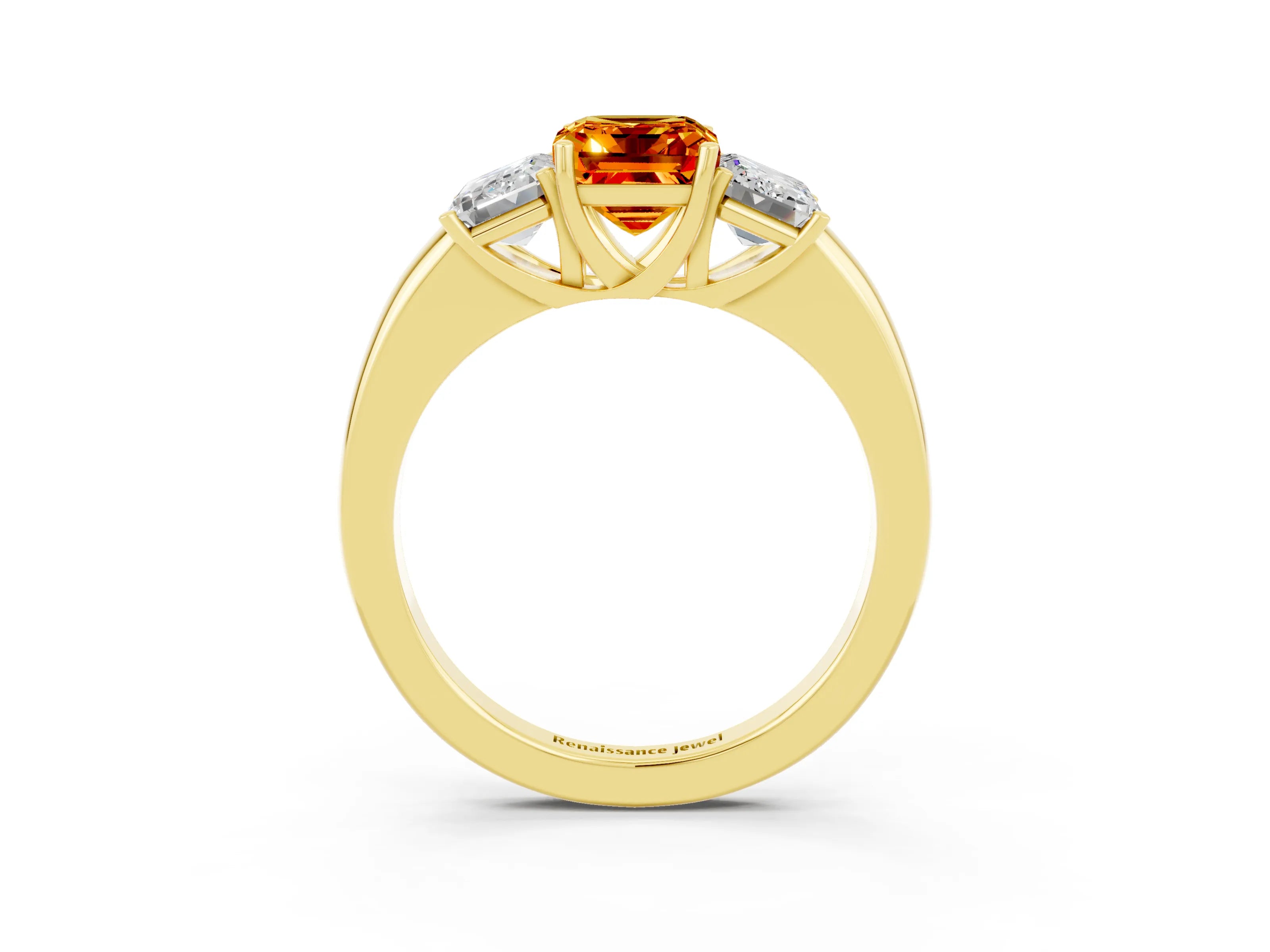 Yellow gold Emerald Cut Citrine Three-Stone Ring with Four-Prong Setting and Classic Band_3
