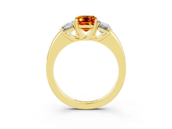 Yellow gold Emerald Cut Citrine Three-Stone Ring with Four-Prong Setting and Classic Band