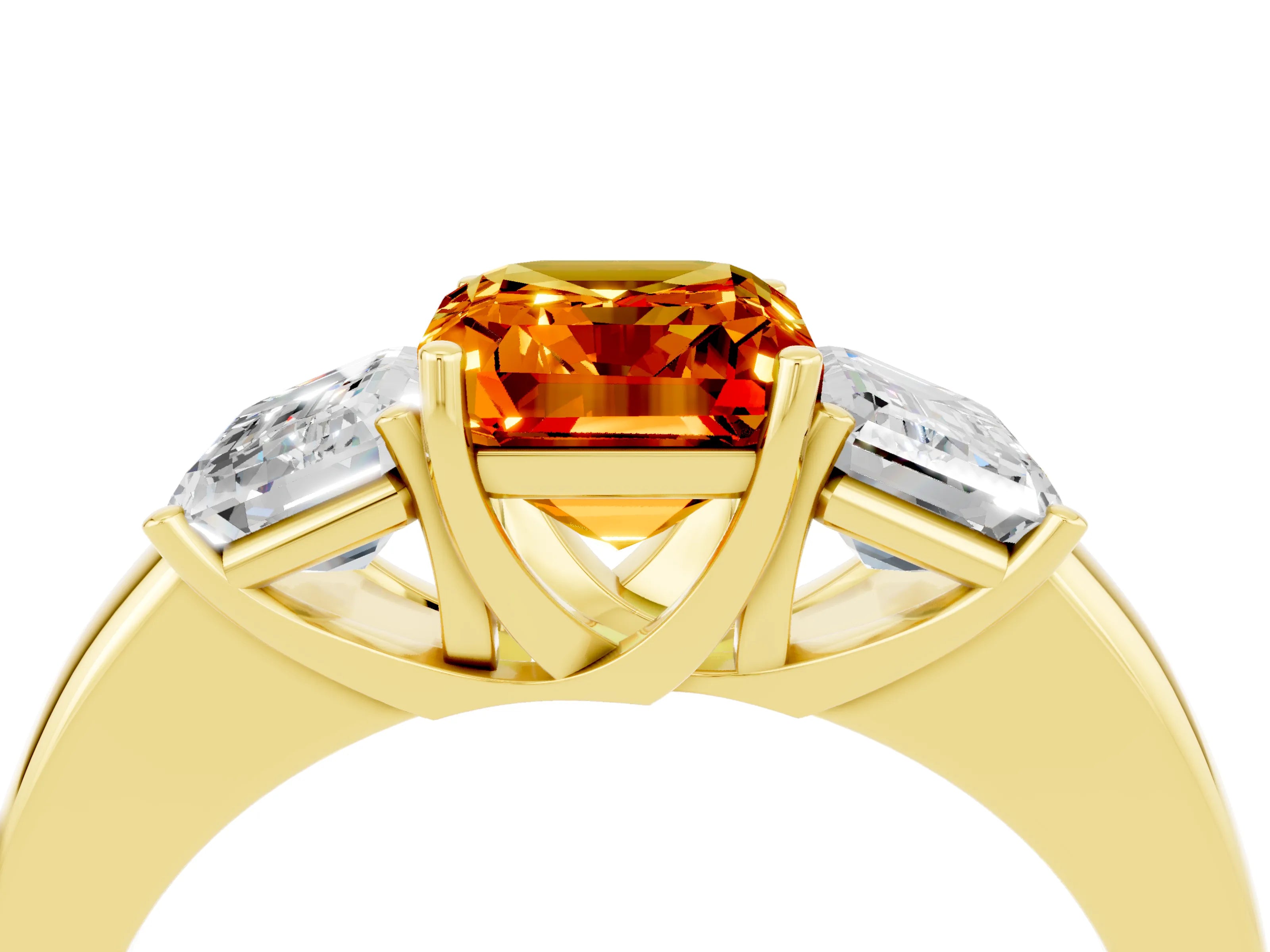 Yellow gold Emerald Cut Citrine Three-Stone Ring with Four-Prong Setting and Classic Band_4