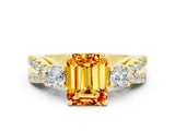 Yellow gold Emerald Cut Citrine Three-Stone Ring with Pavé Split Shank and Four-Prong Setting