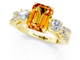 Yellow gold Emerald Cut Citrine Three-Stone Ring with Pavé Split Shank and Four-Prong Setting_1