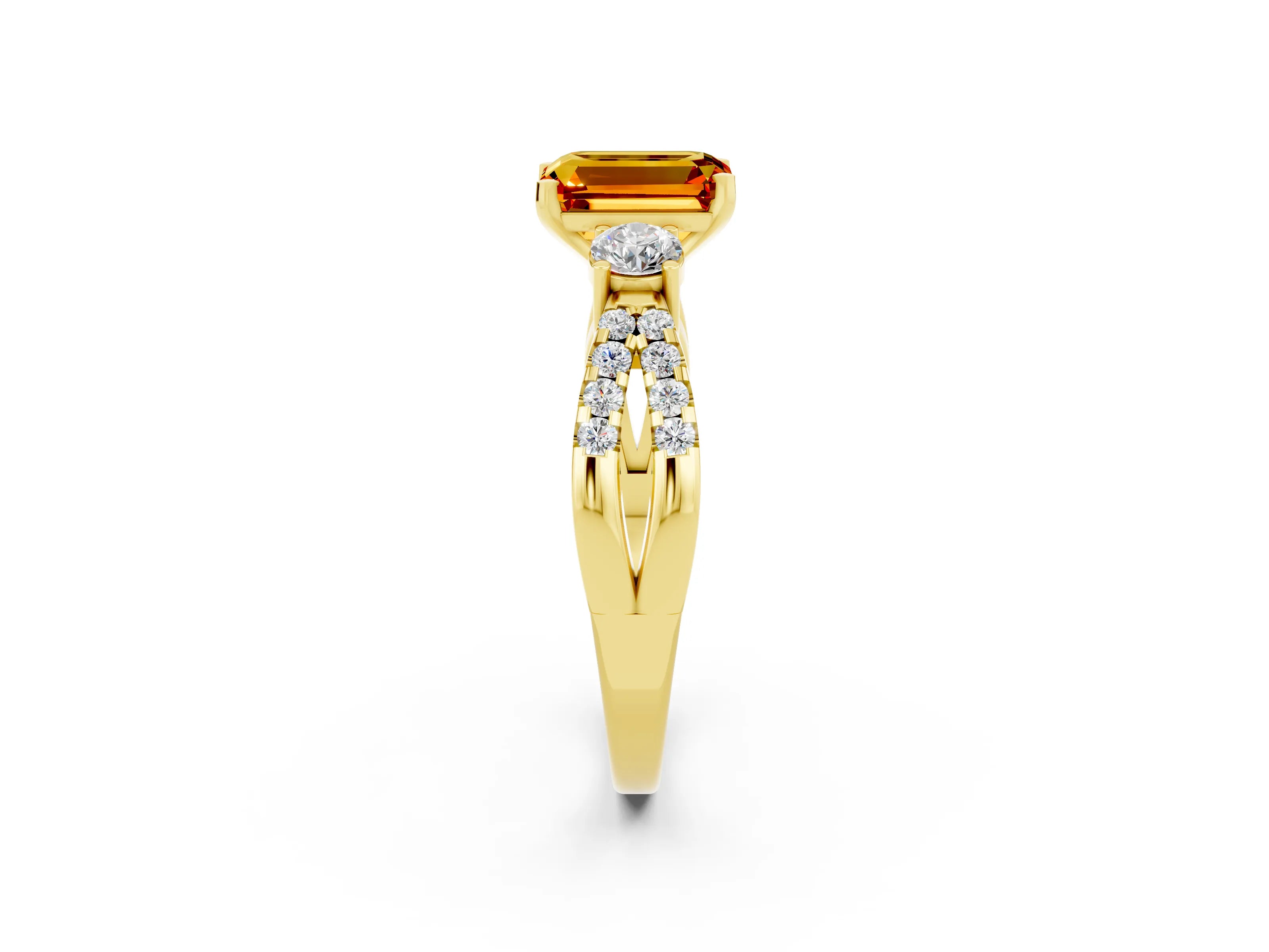 Yellow gold Emerald Cut Citrine Three-Stone Ring with Pavé Split Shank and Four-Prong Setting_2