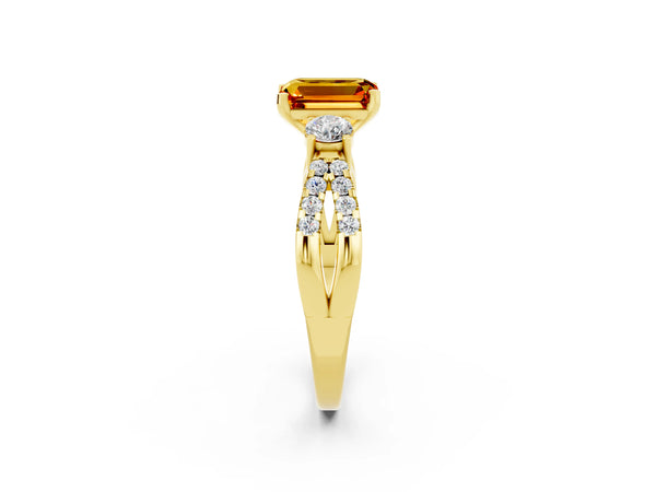 Yellow gold Emerald Cut Citrine Three-Stone Ring with Pavé Split Shank and Four-Prong Setting