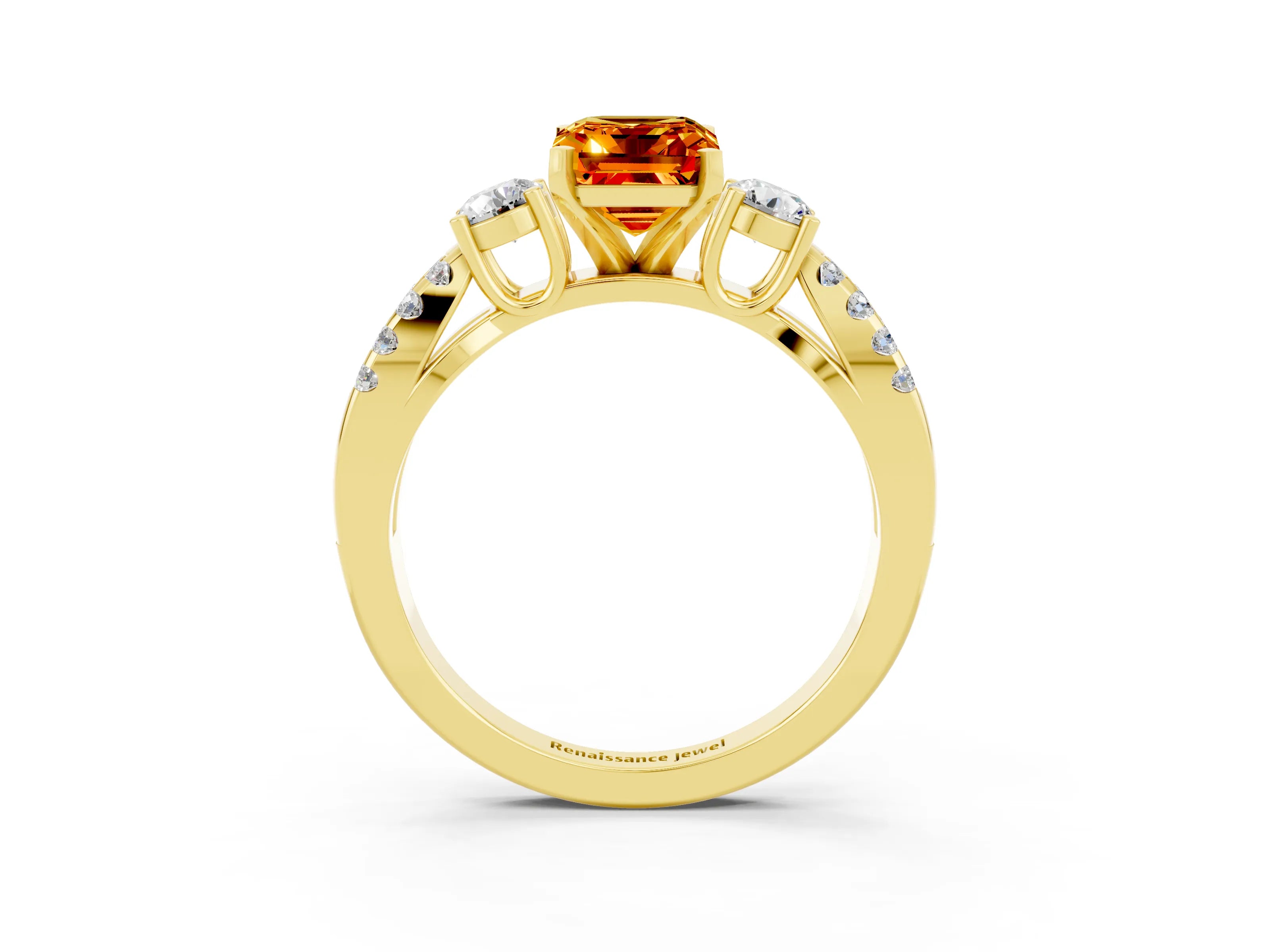 Yellow gold Emerald Cut Citrine Three-Stone Ring with Pavé Split Shank and Four-Prong Setting_3