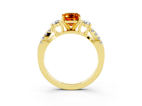 Yellow gold Emerald Cut Citrine Three-Stone Ring with Pavé Split Shank and Four-Prong Setting
