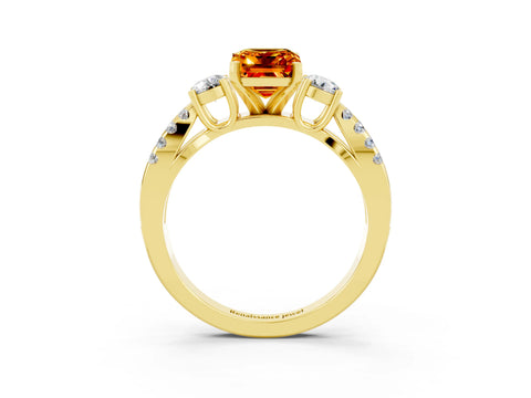 Yellow gold Emerald Cut Citrine Three-Stone Ring with Pavé Split Shank and Four-Prong Setting_3