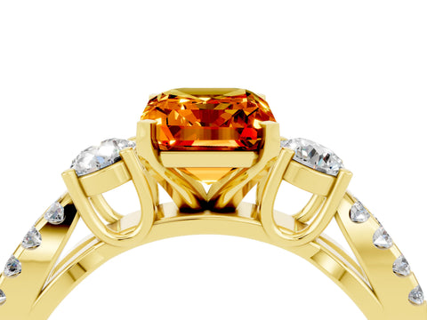 Yellow gold Emerald Cut Citrine Three-Stone Ring with Pavé Split Shank and Four-Prong Setting_4