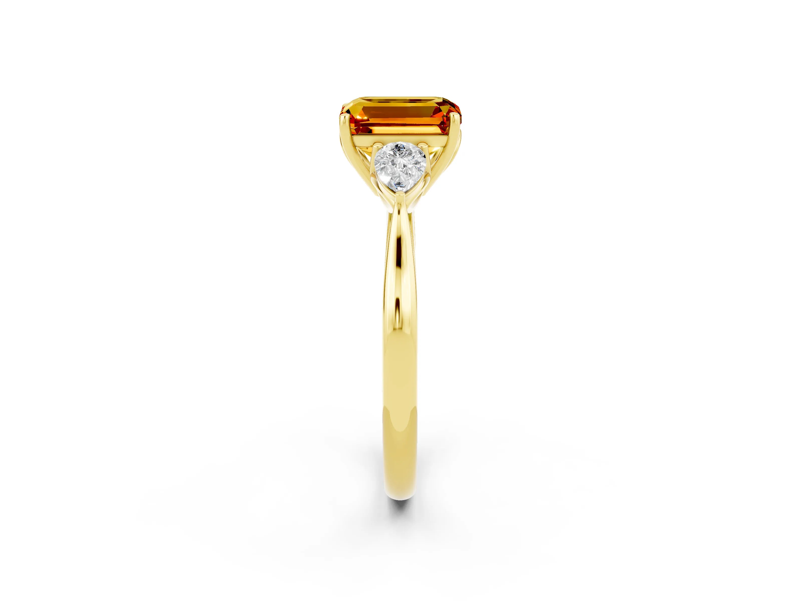 Yellow gold Emerald Cut Citrine Three-Stone Ring with Pear Side Stones and Four-Prong Setting_38