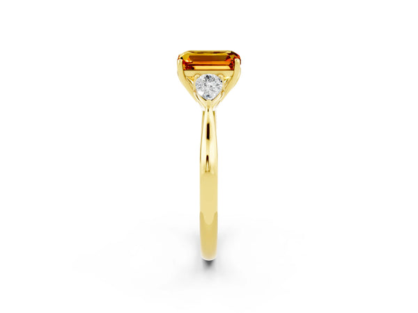 Yellow gold Emerald Cut Citrine Three-Stone Ring with Pear  Side Stones and Prong Setting