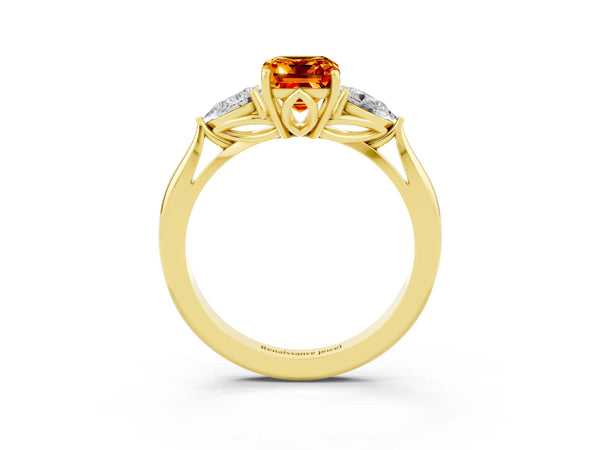 Yellow gold Emerald Cut Citrine Three-Stone Ring with Pear  Side Stones and Prong Setting