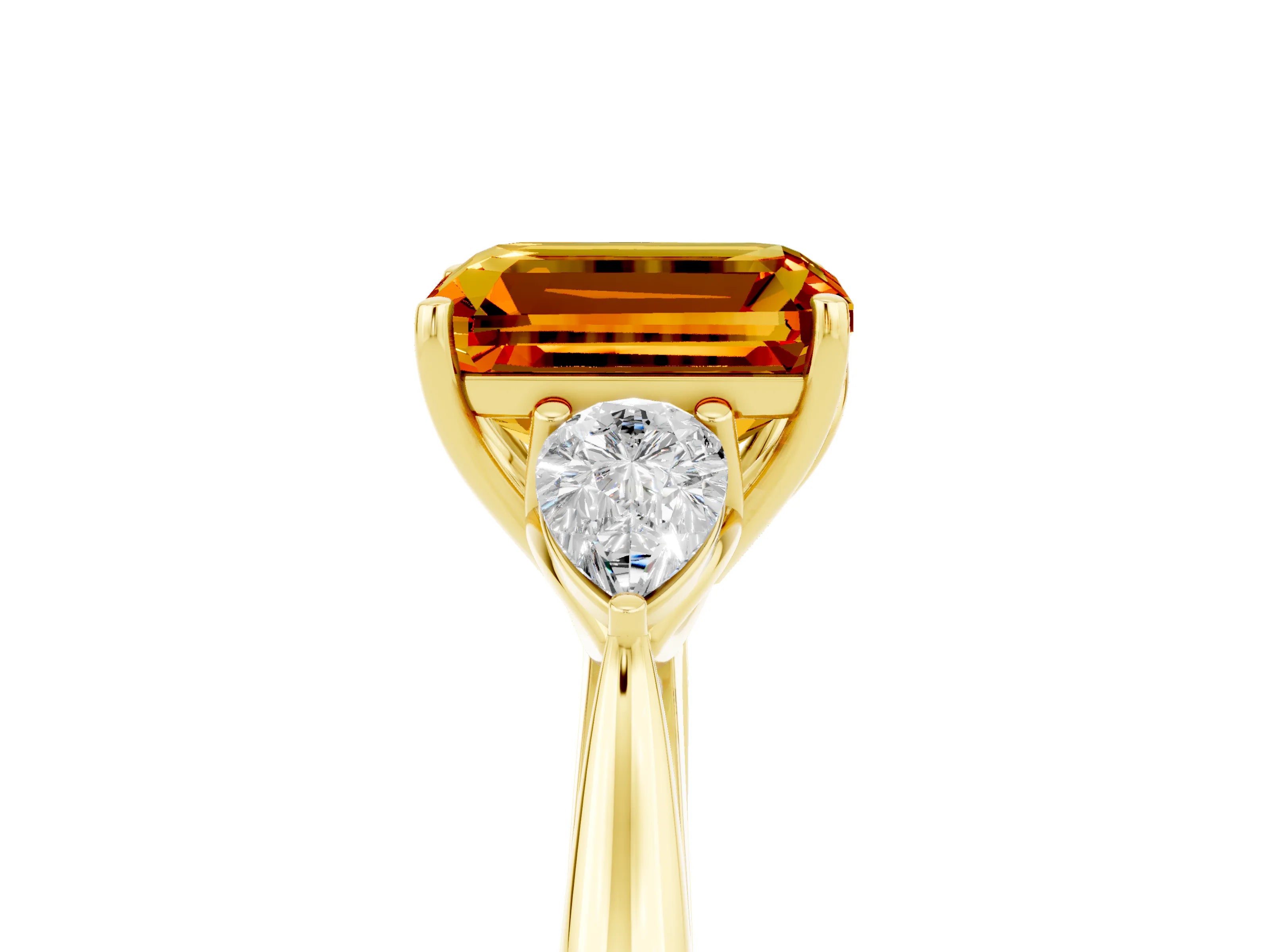 Yellow gold Emerald Cut Citrine Three-Stone Ring with Pear Side Stones and Four-Prong Setting_41