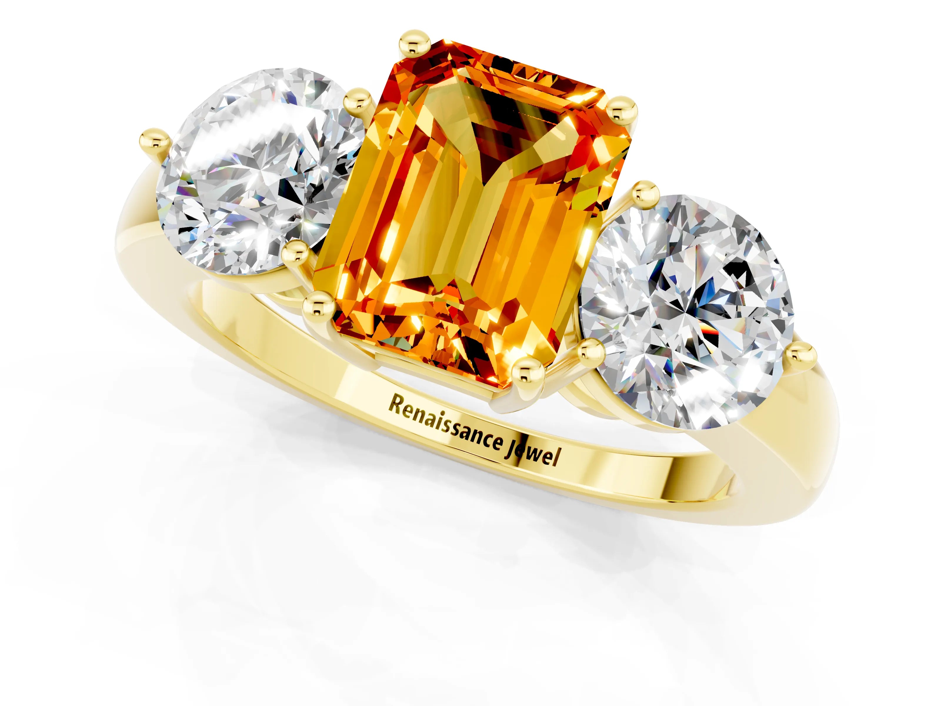 Yellow gold Emerald Cut Citrine Three-Stone Ring with Prong Setting and Classic Band_1