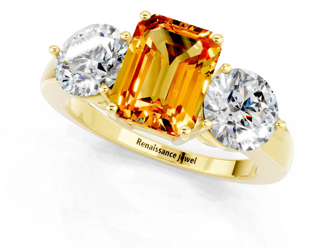 Yellow gold Emerald Cut Citrine Three-Stone Ring with Prong Setting and Classic Band_1