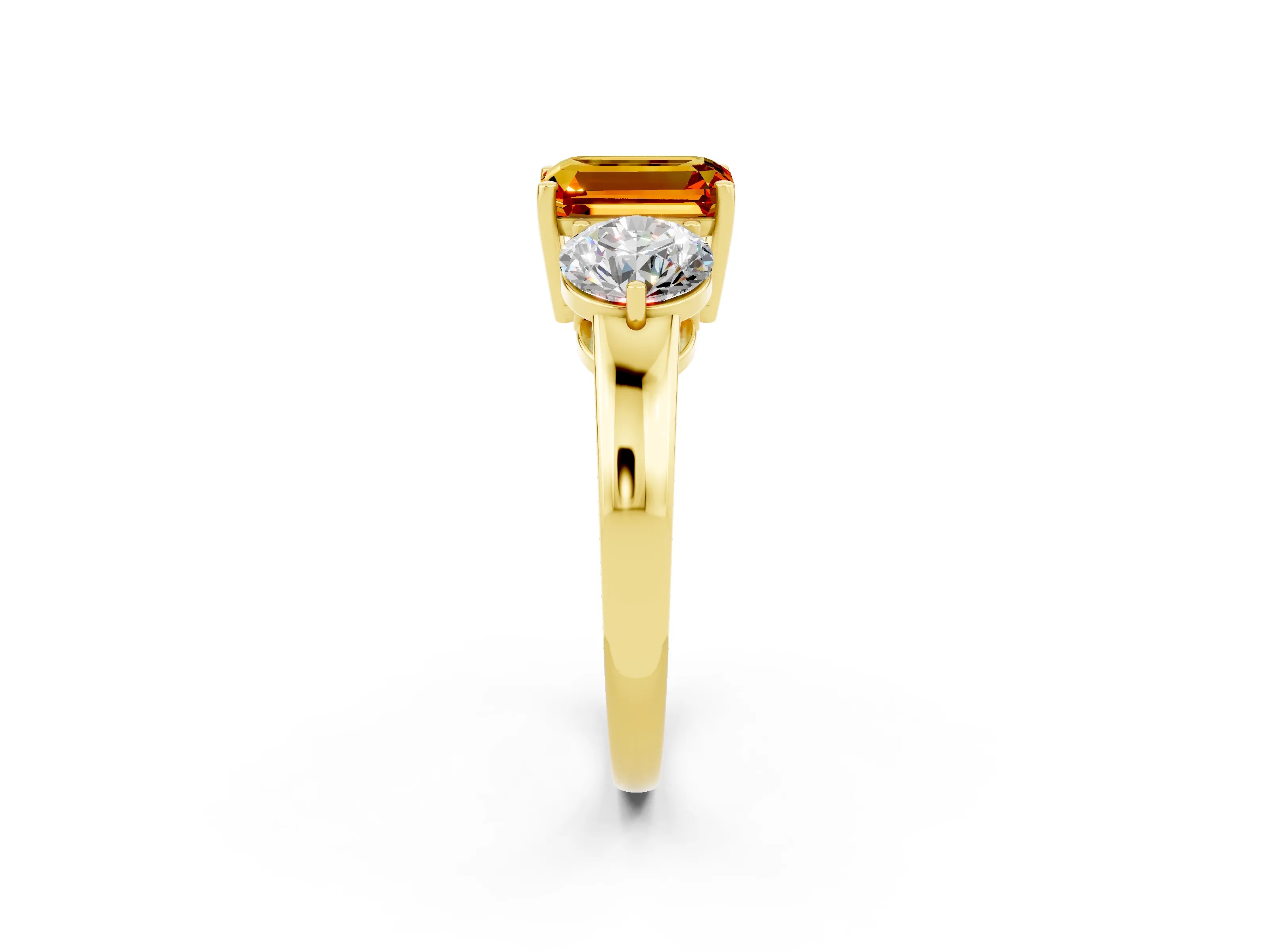 Yellow gold Emerald Cut Citrine Three-Stone Ring with Prong Setting and Classic Band_2