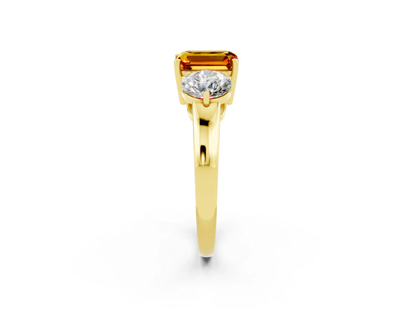 Yellow gold Emerald Cut Citrine Three-Stone Ring with Prong Setting and Classic Band