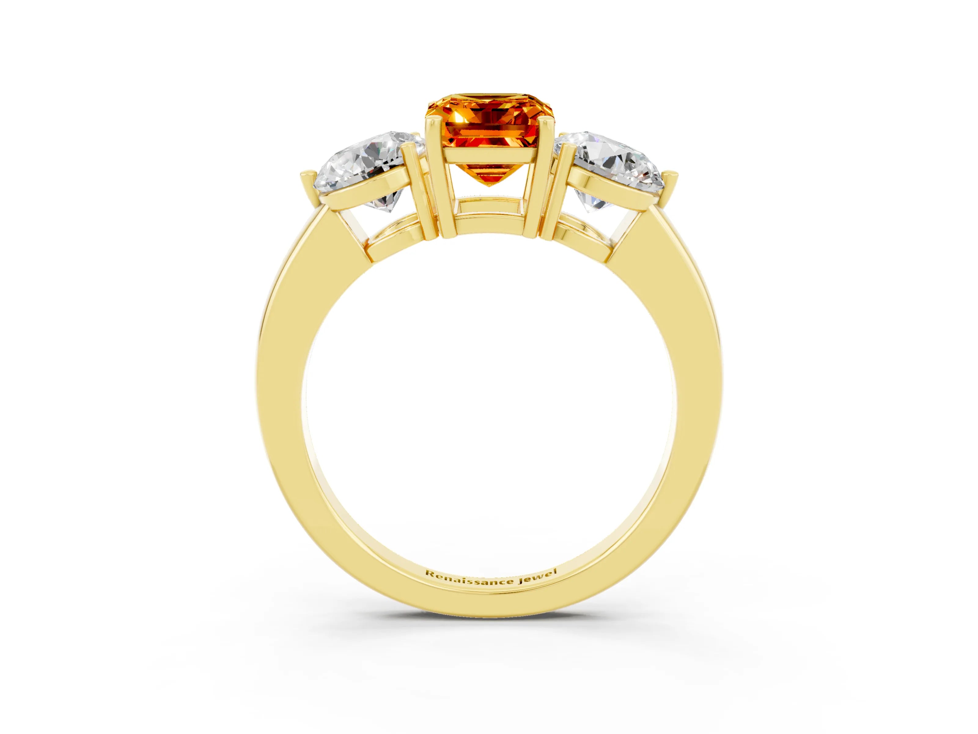 Yellow gold Emerald Cut Citrine Three-Stone Ring with Prong Setting and Classic Band_3