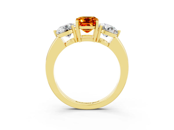 Yellow gold Emerald Cut Citrine Three-Stone Ring with Prong Setting and Classic Band