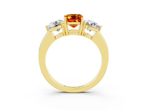 Yellow gold Emerald Cut Citrine Three-Stone Ring with Prong Setting and Classic Band_3