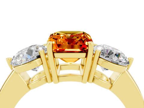 Yellow gold Emerald Cut Citrine Three-Stone Ring with Prong Setting and Classic Band_4