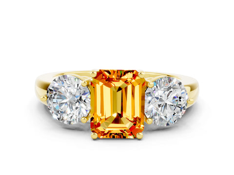 Yellow gold Emerald Cut Citrine Three-Stone Ring with Prong Setting and Classic Band