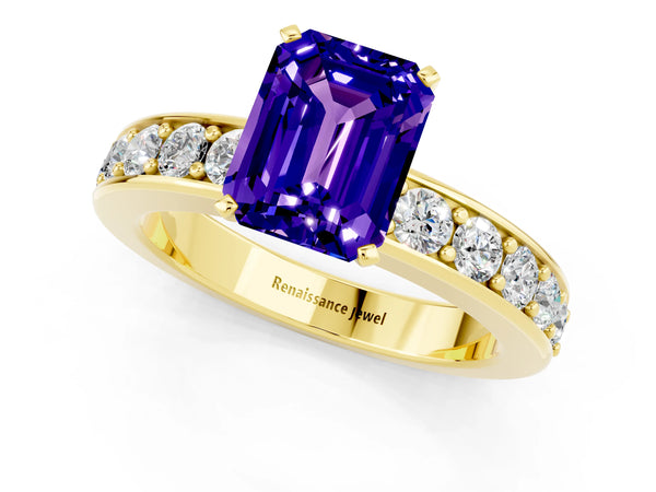 Yellow gold Emerald Cut Tanzanite Engagement Ring with Channel Set Round  Band and Prong Setting