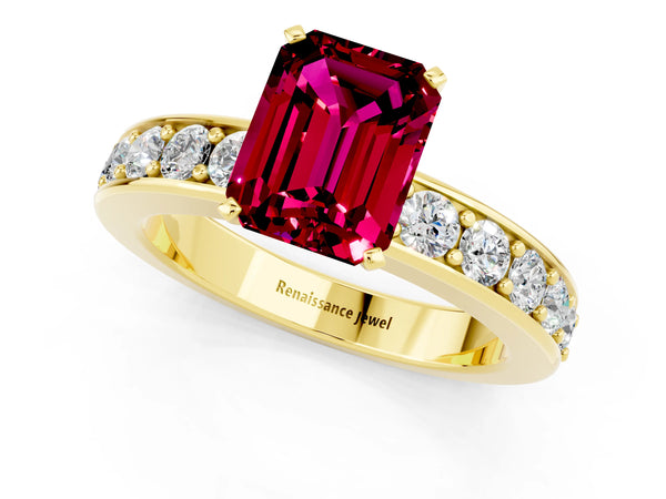 Yellow gold Emerald Cut Garnet Engagement Ring with Channel Set Round  Band and Prong Setting