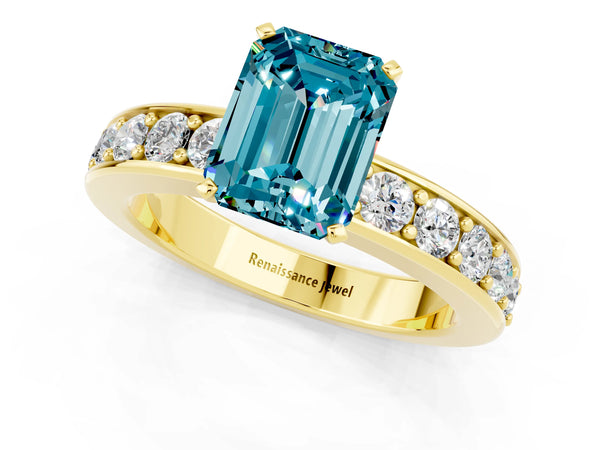 Yellow gold Emerald Cut Blue Topaz Engagement Ring with Channel Set Round  Band and Prong Setting