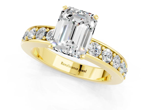 Yellow gold Emerald Cut Moissanite Engagement Ring with Channel Set Round  Band and Prong Setting
