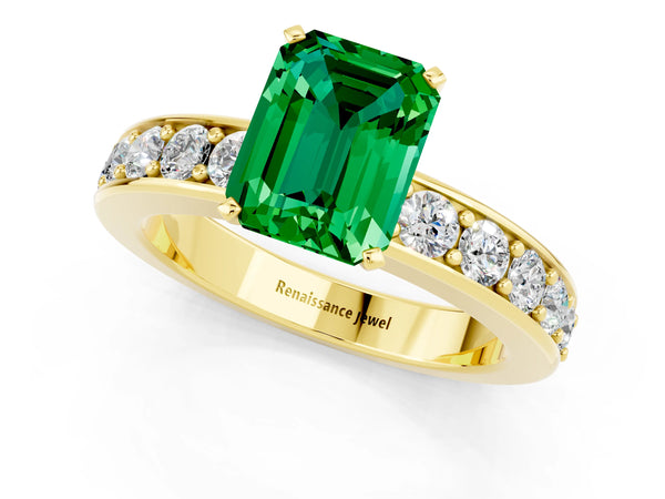 Yellow gold Emerald Cut Emerald Engagement Ring with Channel Set Round  Band and Prong Setting