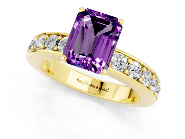 Yellow gold Emerald Cut Amethyst Engagement Ring with Channel Set Round  Band and Prong Setting
