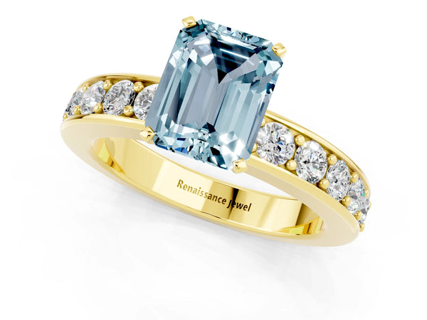 Yellow gold Emerald Cut Aquamarine Engagement Ring with Channel Set Round  Band and Prong Setting