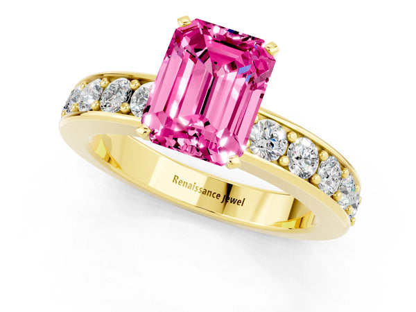 Yellow gold Emerald Cut Pink Sapphire Engagement Ring with Channel Set Round  Band and Prong Setting