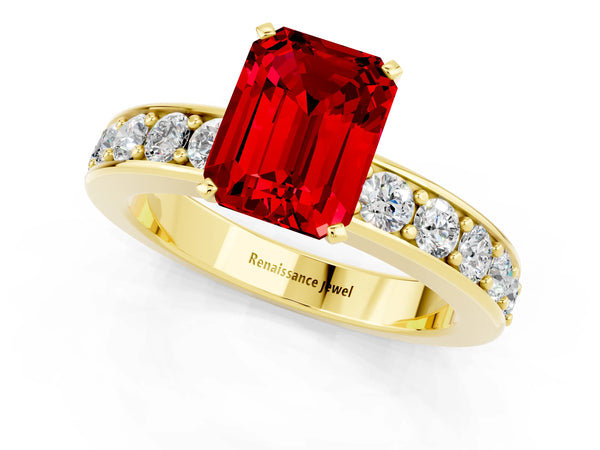 Yellow gold Emerald Cut Ruby Engagement Ring with Channel Set Round  Band and Prong Setting