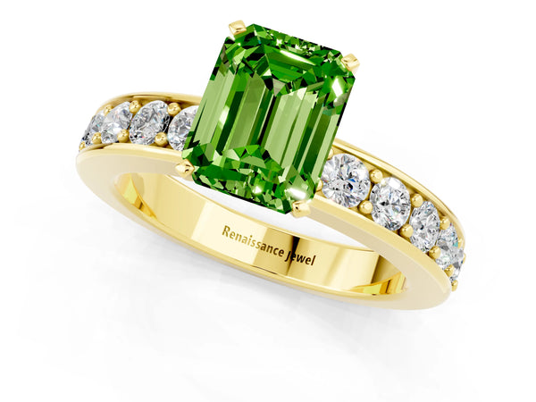 Yellow gold Emerald Cut Peridot Engagement Ring with Channel Set Round  Band and Prong Setting