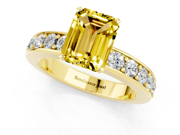 Yellow gold Emerald Cut Yellow Sapphire Engagement Ring with Channel Set Round  Band and Prong Setting