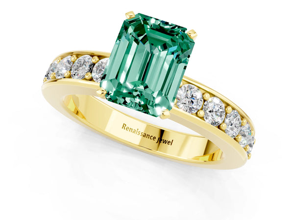 Yellow gold Emerald Cut Green Sapphire Engagement Ring with Channel Set Round  Band and Prong Setting