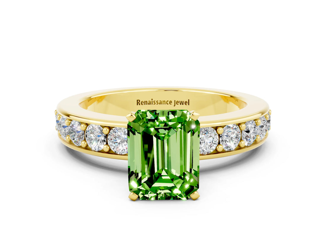 Yellow gold Emerald Cut Cut Channel Set Diamond Engagement Ring with Four-Prong Setting