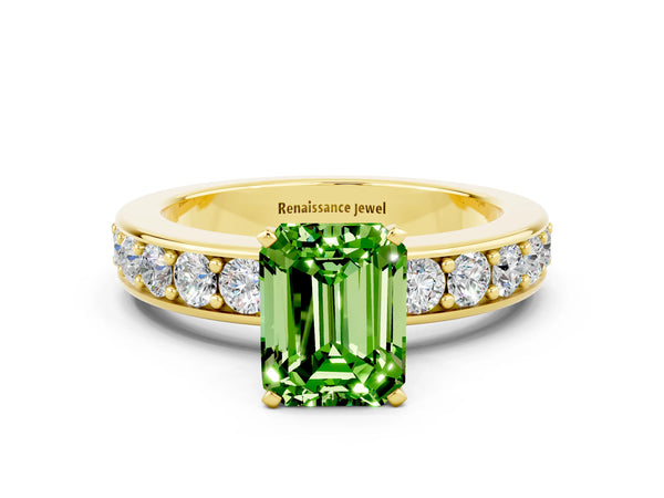 Yellow gold Emerald Cut Peridot Engagement Ring with Channel Set Round  Band and Prong Setting