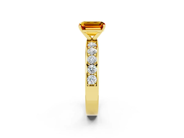 Yellow gold Emerald Cut Citrine Engagement Ring with Channel Set Round  Band and Prong Setting