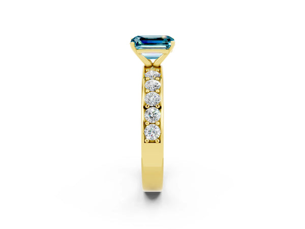 Yellow gold Emerald Cut Blue Topaz Engagement Ring with Channel Set Round  Band and Prong Setting