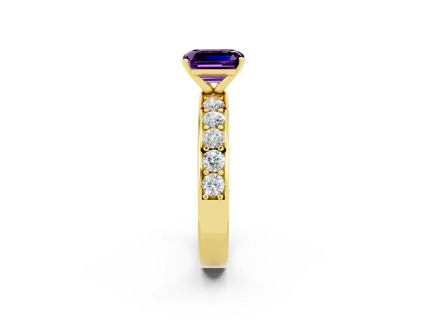 Yellow gold Emerald Cut Amethyst Engagement Ring with Channel Set Round  Band and Prong Setting